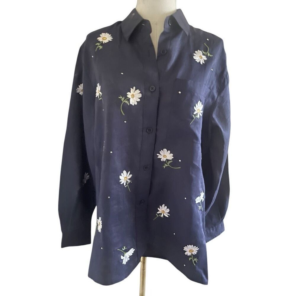 Quacker Factory Blue Floral Button Down Blouse Size Small
